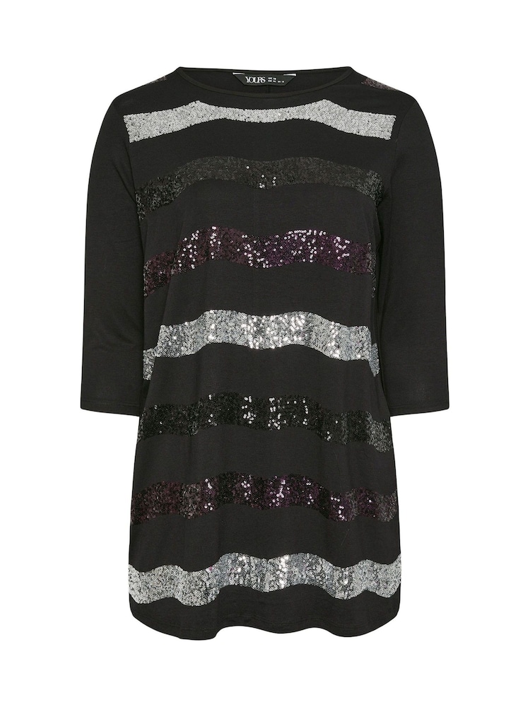 Yours Curve Black Sequin Embellished Stripe Top - Image 5 of 5 Yours Curve Black Sequin Embellished Stripe Top - Image 5 of 5