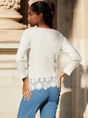 Sosandar White 100% Cotton Floral Lace Detail Jumper - Image 4 of 5