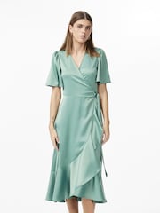 Y.A.S Green Satin Wrap Ruffle Dress - Image 1 of 4