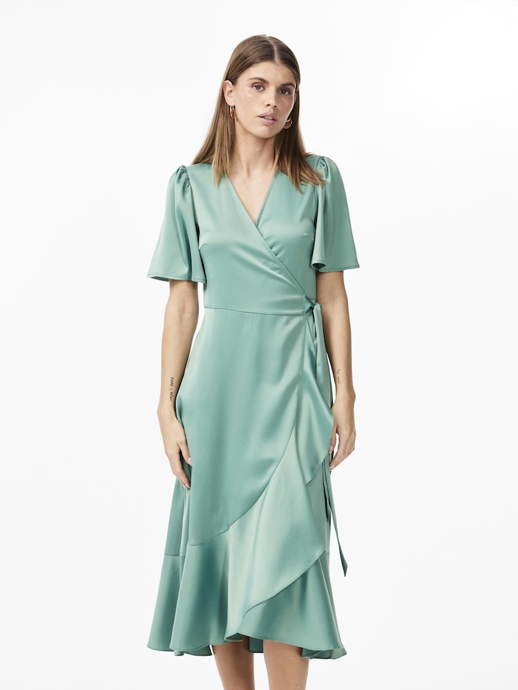 Y.A.S Green Satin Wrap Ruffle Dress - Image 1 of 4