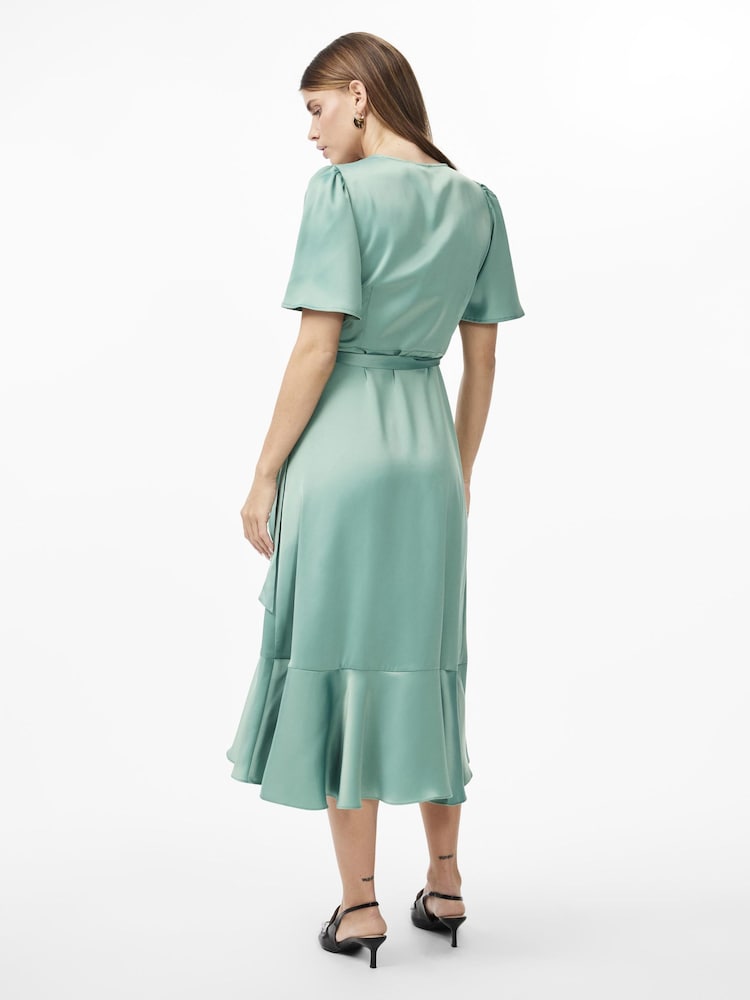 Y.A.S Green Satin Wrap Ruffle Dress - Image 2 of 4