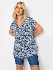 Yours Curve Blue Leopard Print Pleated Grown On Sleeve T-Shirt - Image 1 of 5