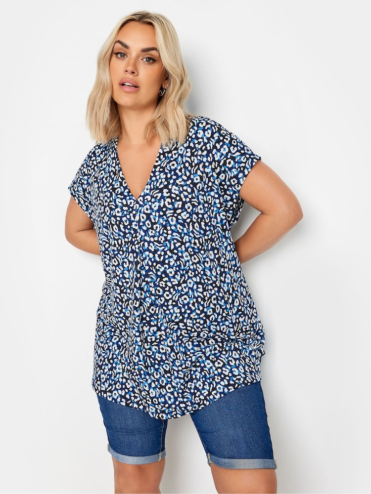 Yours Curve Blue Leopard Print Pleated Grown On Sleeve T-Shirt - Image 1 of 5