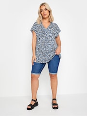 Yours Curve Blue Leopard Print Pleated Grown On Sleeve T-Shirt - Image 2 of 5