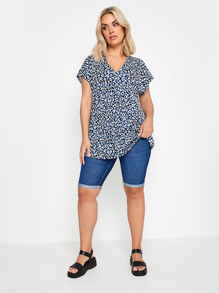Yours Curve Blue Leopard Print Pleated Grown On Sleeve T-Shirt - Image 2 of 5