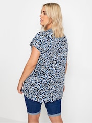 Yours Curve Blue Leopard Print Pleated Grown On Sleeve T-Shirt - Image 3 of 5