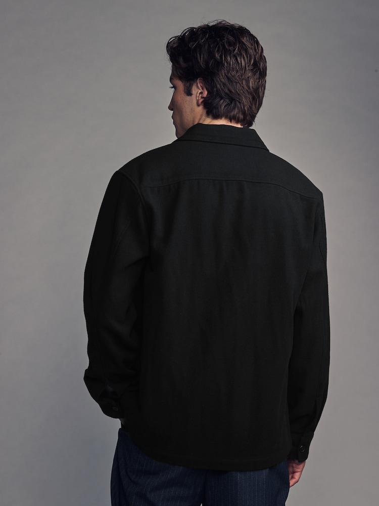 Black Twin Pocket Shacket Overshirt with Wool - Image 2 of 9