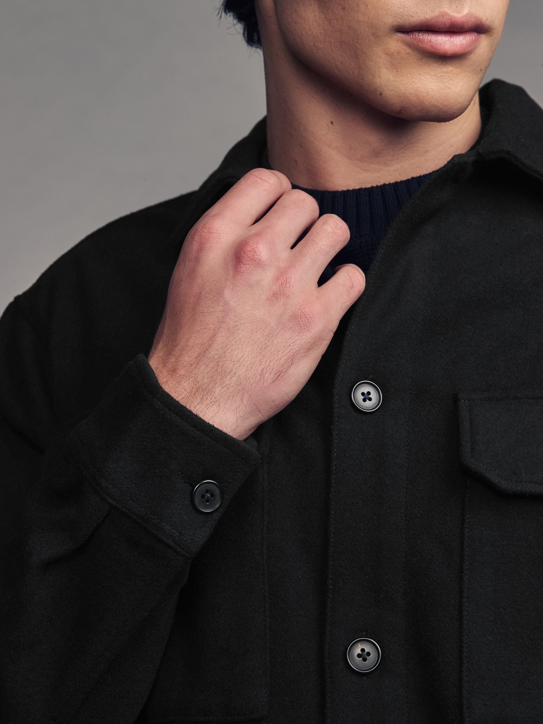 【ブラック（01）】MARCO DOUBLE POCKET LONG SLEEVE SHIRT marka - 【ラスト1点-サイズ2】 DOUBLE POCKET OPEN COLLAR SHIRT