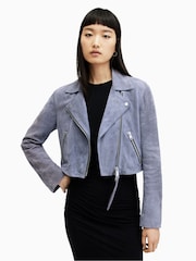 AllSaints Blue Suede Dalby Crop Biker Jacket - Image 1 of 7