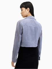 AllSaints Blue Suede Dalby Crop Biker Jacket - Image 2 of 7