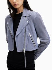 AllSaints Blue Suede Dalby Crop Biker Jacket - Image 4 of 7