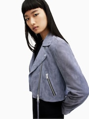 AllSaints Blue Suede Dalby Crop Biker Jacket - Image 5 of 7