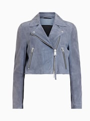 AllSaints Blue Suede Dalby Crop Biker Jacket - Image 7 of 7