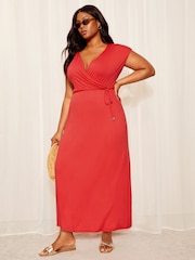 Friends Like These Red Curve Short Sleeve Wrap V Neck Tie Waist Summer Maxi Dress - Image 1 of 4