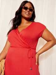 Friends Like These Red Curve Short Sleeve Wrap V Neck Tie Waist Summer Maxi Dress - Image 2 of 4