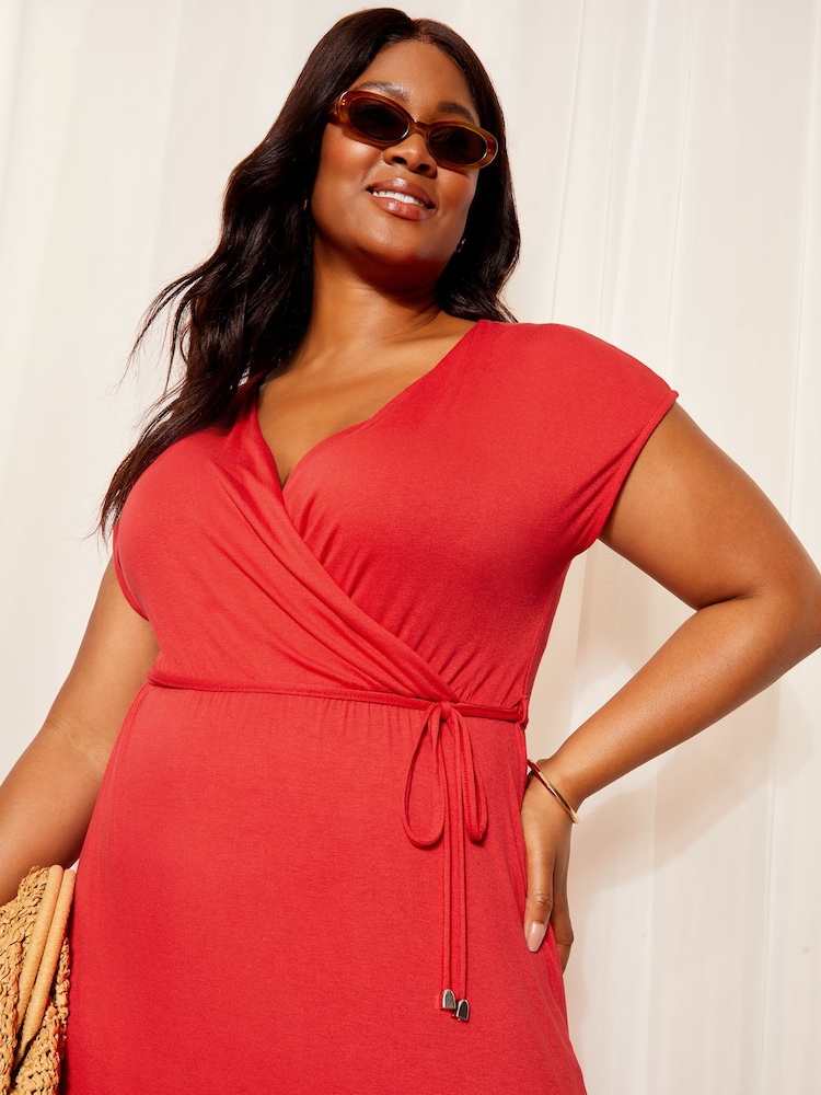 Friends Like These Red Curve Short Sleeve Wrap V Neck Tie Waist Summer Maxi Dress - Image 2 of 4