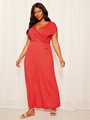 Friends Like These Red Curve Short Sleeve Wrap V Neck Tie Waist Summer Maxi Dress - Image 3 of 4