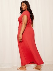 Friends Like These Red Curve Short Sleeve Wrap V Neck Tie Waist Summer Maxi Dress - Image 4 of 4