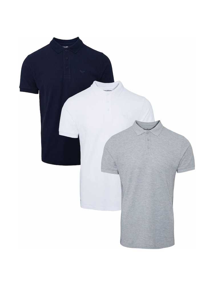 Threadbare Navy/Grey/White Slate Cotton Pique Polo Shirts 3 Pack - Image 1 of 3