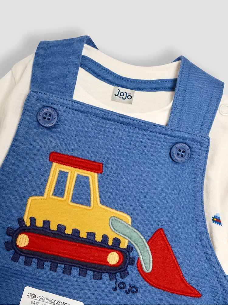 JoJo Maman Bébé Blue Construction Vehicle Appliqué Dungarees & Top Set - Image 6 of 6