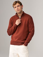 Rust Brown Plain Regular Fit 100% Cotton Premium Quarter Zip Jumper - Image 1 of 7