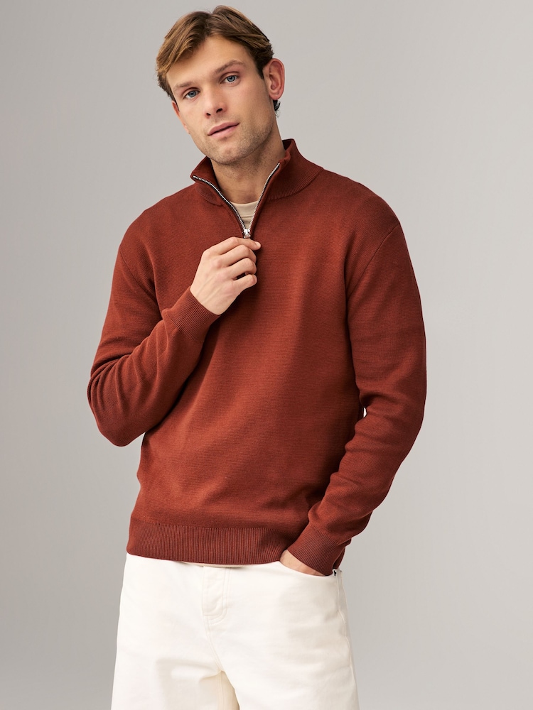 Rust Brown Plain Regular Fit 100% Cotton Premium Quarter Zip Jumper - Image 1 of 7
