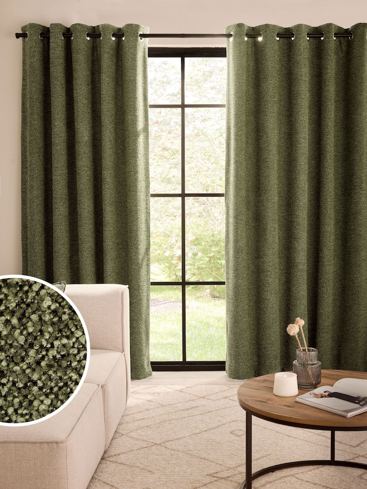 Olive Green Bouclé Textured Eyelet Super Thermal Curtains - Image 1 of 5