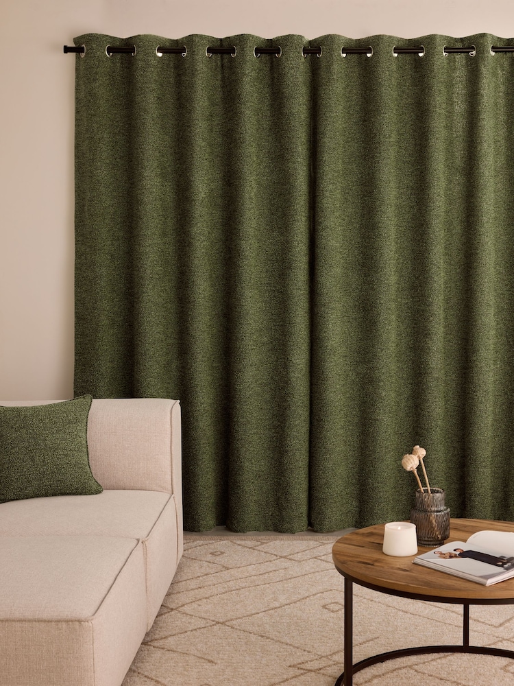 Olive Green Bouclé Textured Eyelet Super Thermal Curtains - Image 2 of 5
