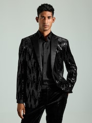 Black Slim Fit Sequin Blazer - Image 1 of 10