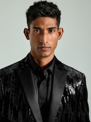 Black Slim Fit Sequin Blazer - Image 4 of 10