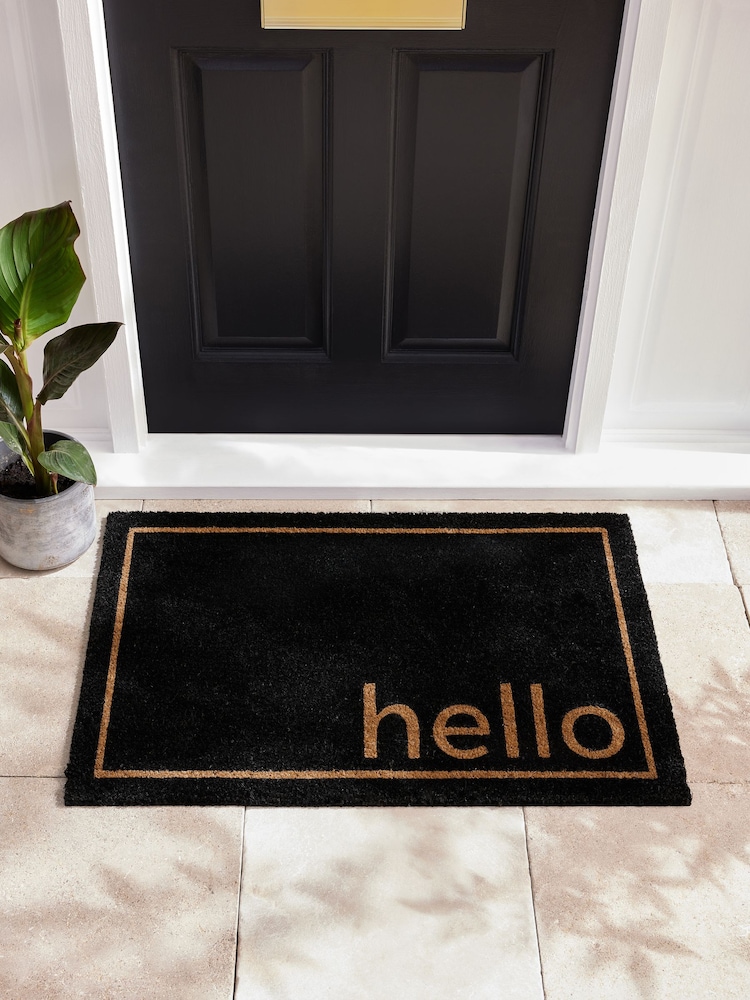 Black Hello Slogan Coir Doormat - Image 2 of 7