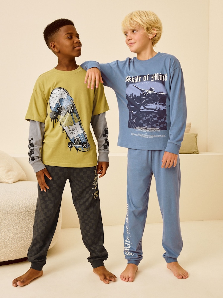 Citrine Jaune/Pourpre damier - Lot de 2 pyjamas à manches longues (3-16ans) - Image 1 de 10