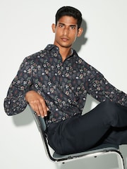 Navy Blue Floral Print Regular Fit 100% Cotton Single Cuff Formal Shirt - Image 1 of 6