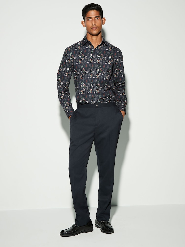 Navy Blue Floral Print Regular Fit 100% Cotton Single Cuff Formal Shirt - Image 2 of 6