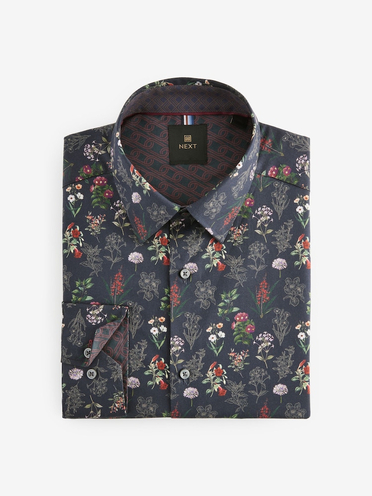 Navy Blue Floral Print Regular Fit 100% Cotton Single Cuff Formal Shirt - Image 4 of 6