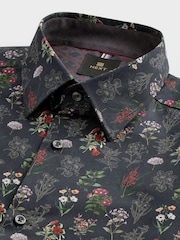 Navy Blue Floral Print Regular Fit 100% Cotton Single Cuff Formal Shirt - Image 5 of 6