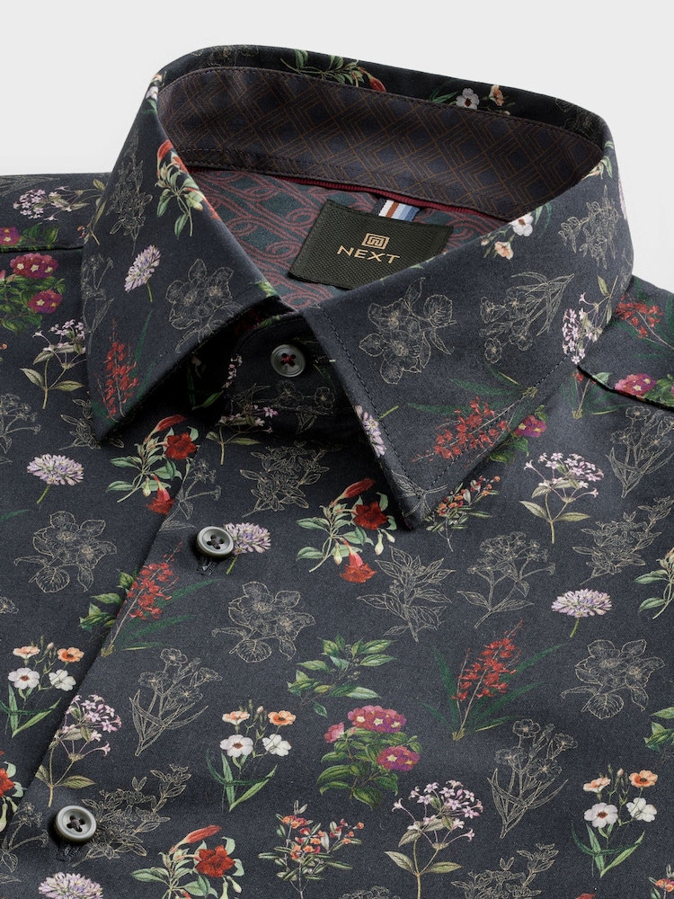 Navy Blue Floral Print Regular Fit 100% Cotton Single Cuff Formal Shirt - Image 5 of 6