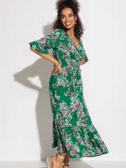 Pour Moi Green Multi Floral Carmen Fuller Bust Elasticated Neckline Midaxi Dress - Image 1 of 4