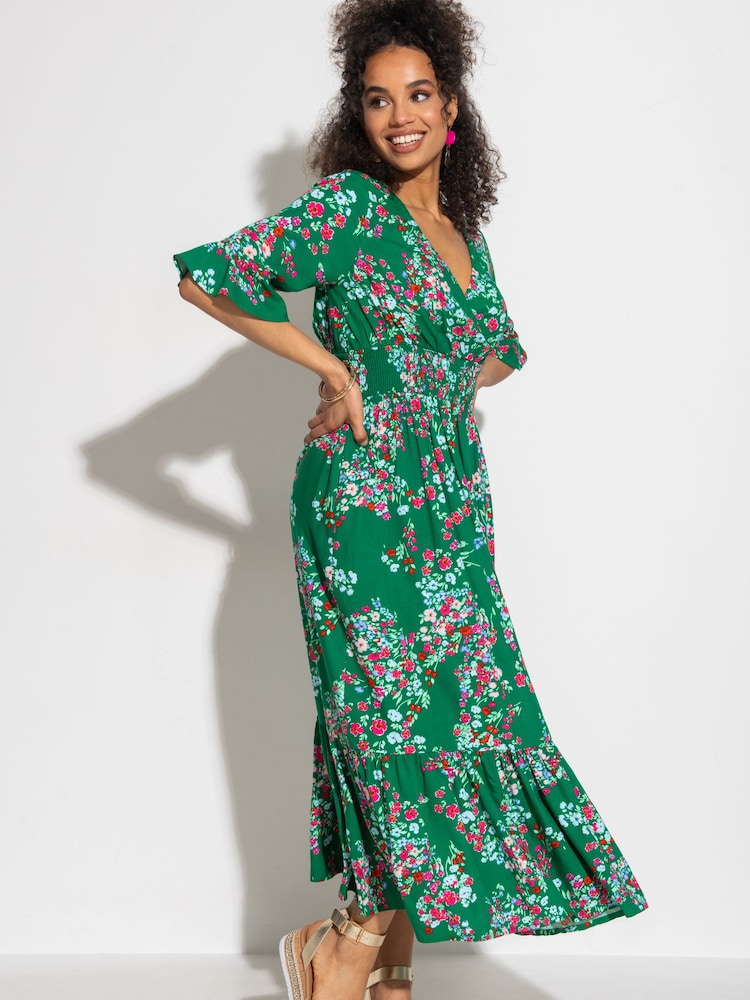 Grün/Mehrfarbig geblümt - Pour Moi Carmen Midaxi-Kleid mit größerem Brustumfang und elastischem Ausschnitt - Bild 1 von 4 Grün/Mehrfarbig geblümt - Pour Moi Carmen Midaxi-Kleid mit größerem Brustumfang und elastischem Ausschnitt - Bild 1 von 4