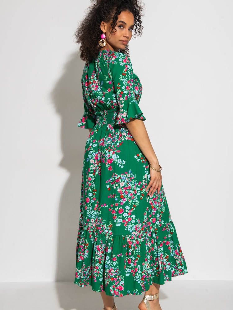 Pour Moi Green Multi Floral Carmen Fuller Bust Elasticated Neckline Midaxi Dress - Image 2 of 4