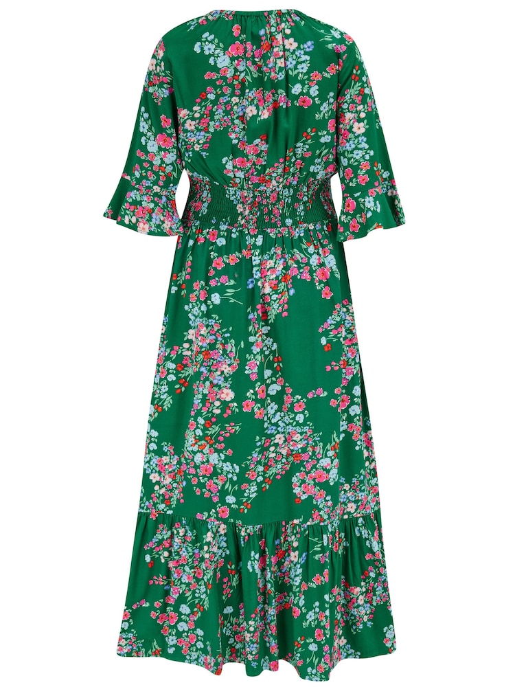 Pour Moi Green Multi Floral Carmen Fuller Bust Elasticated Neckline Midaxi Dress - Image 4 of 4