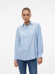 VERO MODA Blue Linen Blend Long Sleeve Stripe Shirt - Image 1 of 6
