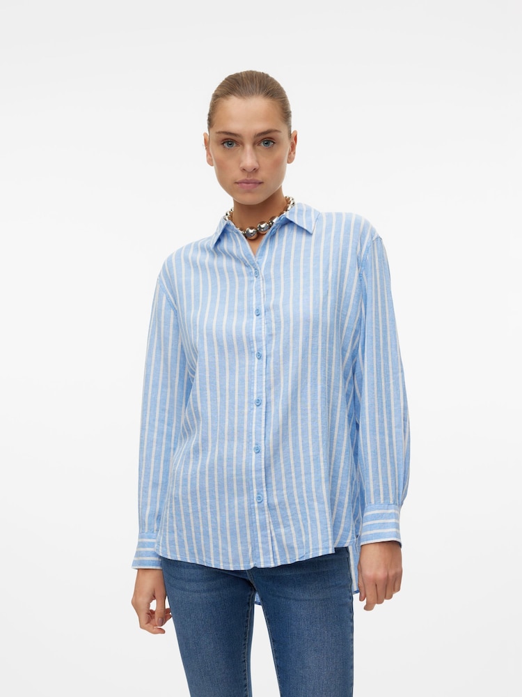 VERO MODA Blue Linen Blend Long Sleeve Stripe Shirt - Image 1 of 6