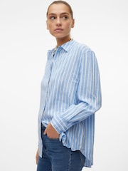 VERO MODA Blue Linen Blend Long Sleeve Stripe Shirt - Image 2 of 6