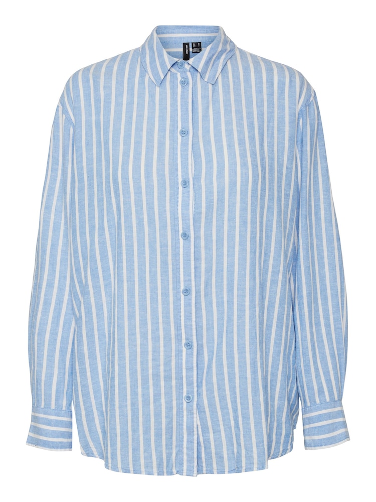 VERO MODA Blue Linen Blend Long Sleeve Stripe Shirt - Image 6 of 6