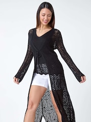 Roman Black Longline Tie Cotton Blend Knit Cardigan - Image 2 of 5