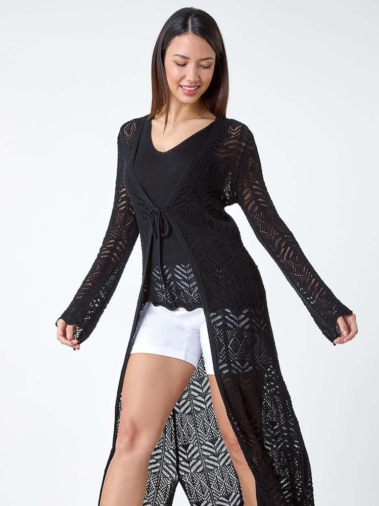Roman Black Longline Tie Cotton Blend Knit Cardigan - Image 2 of 5