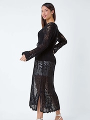Roman Black Longline Tie Cotton Blend Knit Cardigan - Image 3 of 5