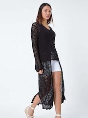 Roman Black Longline Tie Cotton Blend Knit Cardigan - Image 4 of 5