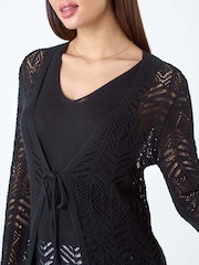 Roman Black Longline Tie Cotton Blend Knit Cardigan - Image 5 of 5